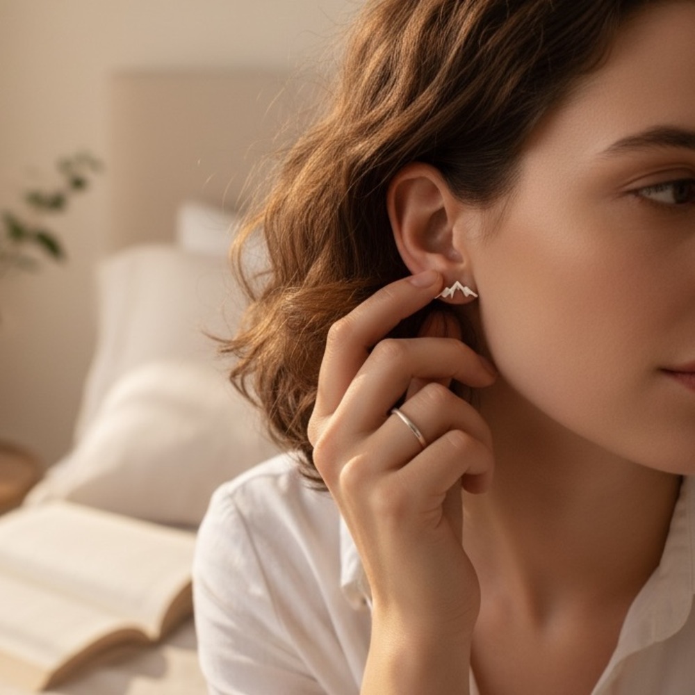 Mountain Silhouette Skiing Hiking Mini 925 Sterling Silver Simple Stud Earring - Picture 8 of 13